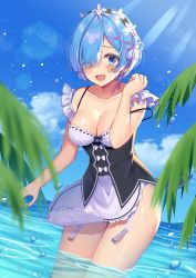 Rule 34 | 1girl, ;d, absurdres, arm at side, bare shoulders, black bow, black ribbon, blue eyes, blue hair, blue sky, blush, bow, breasts, collarbone, commentary request, day, eyes visible through hair, frilled sleeves, frills, garter straps, hair ornament, hair over one eye, hand up, highres, izumo neru, leaf, looking at viewer, maid, maid headdress, ocean, one eye closed, open mouth, outdoors, palm tree, pink ribbon, plant, purple ribbon, re:zero kara hajimeru isekai seikatsu, rem (re:zero), ribbon, ribbon-trimmed clothes, ribbon trim, shiny skin, sky, smile, solo, standing, tree, underbust, wading, water, water drop, x hair ornament