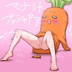 Rule 34 | 1girl, bare legs, barefoot, blush, bottomless, carrot, female ejaculation, female pubic hair, legs, ogry ching, pubic hair, pussy, pussy juice, solo, spread legs, uncensored