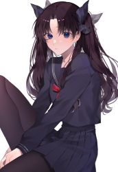 Rule 34 | 1girl, black hair, black pantyhose, black ribbon, black shirt, blue eyes, blush, commentary request, fate/stay night, fate (series), feet out of frame, frown, hair ribbon, highres, knee up, long hair, long sleeves, looking at viewer, pantyhose, parted bangs, pleated skirt, ribbon, sailor collar, school uniform, serafuku, shimatori (sanyyyy), shirt, simple background, sitting, skirt, solo, tohsaka rin, two side up, white background