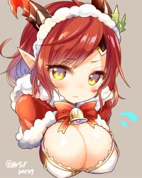 Rule 34 | 1girl, bad id, bad pixiv id, bell, blush, bow, breasts, brown background, capelet, closed mouth, dragon horns, flying sweatdrops, fur-trimmed capelet, fur trim, gremory (p&amp;d), horns, large breasts, long hair, looking at viewer, mashiro miru, pointy ears, puzzle &amp; dragons, red bow, red capelet, red hair, simple background, solo, twitter username, yellow eyes