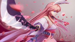 Rule 34 | 1girl, animal ears, bare shoulders, benghuai xueyuan, blue eyes, closed mouth, fox ears, hair between eyes, highres, holding, holding sword, holding weapon, honkai (series), honkai impact 3rd, japanese clothes, jewelry, katana, long hair, looking at viewer, miko, necklace, petals, pink skirt, skirt, solo, sword, weapon, yae sakura, yae sakura (gyakushinn miko), yuuta (806350354)
