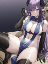 Rule 34 | 1girl, bare shoulders, black gloves, black thighhighs, blue eyes, blush, breasts, chair, cleavage, closed mouth, clothing cutout, commentary request, elbow gloves, gloves, hand up, highres, horns, large breasts, long hair, looking at viewer, navel, navel cutout, no panties, oekakizuki, original, pelvic curtain, pointy ears, purple hair, sideboob, sitting, skindentation, solo, thick thighs, thighhighs, thighs