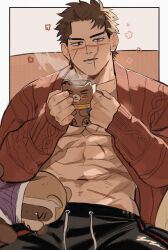 Rule 34 | 1boy, abs, absurdres, bara, black hair, black pants, blush, brown sweater, cardigan, character doll, cup, facial scar, golden kamuy, highres, holding, holding cup, large pectorals, male focus, muscular, muscular male, navel, open cardigan, open clothes, pants, pectorals, scar, scar on cheek, scar on face, scar on mouth, scar on nose, shiraishi yoshitake, short hair, sitting, solo, sugimoto saichi, sweater, ton (ton19130318)