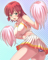 Rule 34 | 1girl, breasts, cheerleader, e20, impossible clothes, impossible shirt, large breasts, midriff, panties, pom pom (cheerleading), quiz magic academy, red hair, ruquia, shirt, short hair, solo, striped clothes, striped panties, underwear