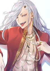 Rule 34 | 1boy, cst, earrings, grey eyes, hand up, highres, jacket, jewelry, kokonoi hajime, long hair, long sleeves, looking at viewer, male focus, necklace, open clothes, open jacket, open mouth, pearl necklace, red jacket, ring, single earring, smile, solo, teeth, tokyo revengers, tongue, tongue out, tsurime, upper body, white background, white hair
