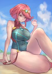 Rule 34 | 1girl, absurdres, beach, black one-piece swimsuit, blue sky, bob cut, breasts, chest jewel, circlet, cloud, cloudy sky, commentary, covered navel, english commentary, half-closed eyes, highres, large breasts, looking at viewer, medium hair, on floor, one-piece swimsuit, open mouth, outdoors, pyra (pro swimmer) (xenoblade), pyra (xenoblade), red eyes, red hair, sand, sitting, sky, solo, swept bangs, swimsuit, thighs, user ppgs2572, xenoblade chronicles (series), xenoblade chronicles 2