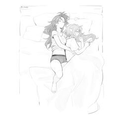 Rule 34 | 2girls, barefoot, blanket, closed eyes, closed mouth, clothes lift, elysia (honkai impact), greyscale, honkai (series), honkai impact 3rd, long hair, lying, maiqo, monochrome, multiple girls, navel, on back, on bed, on side, pillow, pointy ears, raiden mei, shirt, shirt lift, short sleeves, under covers