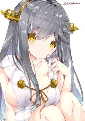 Rule 34 | 1girl, bad id, bad pixiv id, bare arms, bare shoulders, breasts, brown eyes, closed mouth, collarbone, commentary request, grey hair, hair between eyes, hand up, haruna (kancolle), headgear, kantai collection, knees up, long hair, medium breasts, nanase nao, playing with own hair, revealing clothes, sidelocks, simple background, sitting, solo, twitter username, very long hair, white background