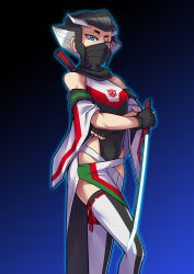 Rule 34 | 1girl, gender request, genderswap, highres, mask, mouth mask, multicolored hair, personification, ryuusei (mark ii), scar, scar across eye, scar on face, sword, thighhighs, transformers, transformers prime, weapon, wheeljack