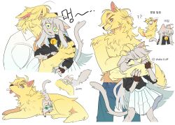 Rule 34 | 1boy, 1girl, bell, biting, black shirt, blue pants, cat girl, degrees of lewdity, dog boy, dol amlep, fighting, furry, furry female, furry male, heterochromia, highres, neck bell, necktie, pants, player character (degrees of lewdity), shirt, simple background, skirt, white background, white necktie, white skirt, whitney (degrees of lewdity)