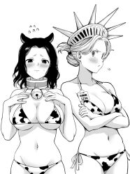 Rule 34 | 2girls, animal ears, animal print, bell, bikini, blush, closed mouth, collar, commentary request, cow ears, cow print, crossed arms, crown, embarrassed, frown, greyscale, jingle bell, kuroki yuushin, long hair, marianne (shishunki renaissance! david-kun), mona lisa (shishunki renaissance! david-kun), monochrome, multiple girls, navel, neck bell, official art, shishunki renaissance! david-kun, side-tie bikini bottom, simple background, stomach, swimsuit