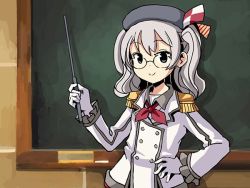 Rule 34 | 10s, 1girl, beret, bespectacled, breasts, buttons, chalkboard, commentary, epaulettes, frilled sleeves, frills, glasses, gloves, grey eyes, hat, kantai collection, kashima (kancolle), large breasts, looking at viewer, military, military uniform, pointer, sidelocks, silver hair, sixten, smile, solo, tsurime, twintails, uniform, wavy hair, white gloves