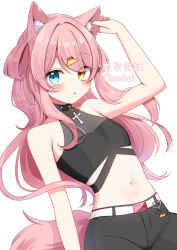 Rule 34 | 1girl, :o, animal ear fluff, animal ears, aqua eyes, arm up, bare arms, bare shoulders, belt, blush, crop top, cross, eyes visible through hair, hair ornament, hashtag-only commentary, heterochromia, highres, indie virtual youtuber, latin cross, long hair, looking at viewer, midriff, mizuna ruua, navel, parted lips, pink hair, pink tail, shinonome asu, simple background, solo, tail, thank you, virtual youtuber, watermark, white background, white belt, yellow eyes