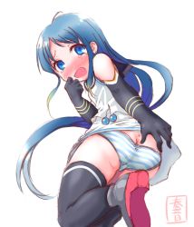Rule 34 | 10s, 1girl, artist name, ass, bare shoulders, blue eyes, blue hair, blush, butt crack, elbow gloves, embarrassed, gloves, gradient hair, highres, kanon (kurogane knights), kantai collection, long hair, looking at viewer, looking back, matching hair/eyes, multicolored hair, panties, pantyshot, sailor collar, samidare (kancolle), signature, simple background, skirt, solo, striped clothes, striped panties, tears, thighhighs, underwear, very long hair