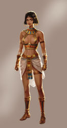 Rule 34 | 1girl, absurdres, armlet, backlighting, bare shoulders, breasts, breasts apart, brown eyes, brown hair, dark-skinned female, dark skin, egyptian, egyptian clothes, hair ornament, highres, lips, looking at viewer, mamara, medium breasts, midriff, original, revision, sandals, short hair, solo, standing, thighlet, vambraces
