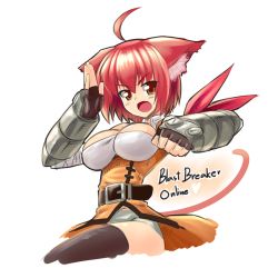 Rule 34 | 1girl, ahoge, animal ears, armor, belt, breasts, butter-t, cat ears, cat girl, clenched hand, fang, female focus, fighting stance, fingerless gloves, gloves, large breasts, open mouth, orange eyes, red hair, short hair, solo, thighhighs, vambraces