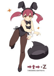 Rule 34 | 1girl, absurdres, animal ears, arrow (symbol), ashtray, bad id, bad pixiv id, bare shoulders, black bow, black bowtie, black footwear, bow, bowtie, breasts, brown eyes, brown pantyhose, cleavage, collar, detached collar, fake animal ears, full body, hair between eyes, highleg, highleg leotard, highres, leotard, long hair, looking at viewer, original, pantyhose, pink hair, playboy bunny, rabbit ears, simple background, small breasts, solo, sparkle, standing, standing on one leg, strapless, strapless leotard, surio, throwing, twintails, white background, white collar, wing collar, wrist cuffs