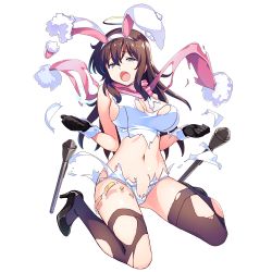 Rule 34 | 1girl, animal ears, black footwear, black gloves, blue eyes, breasts, brown hair, brown thighhighs, dennou tenshi djibril, fake animal ears, full body, gloves, halo, high heels, kuuchuu yousai, large breasts, long hair, navel, official art, old school swimsuit, one-piece swimsuit, open mouth, pink neckwear, playboy bunny swimsuit, pumps, rabbit ears, scarf, school swimsuit, solo, swimsuit, thighhighs, torn clothes, transparent background, white one-piece swimsuit, wrist cuffs