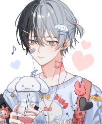 Rule 34 | 1boy, a20190422, alternate costume, aoyagi touya, bandaid, bandaid on face, bandaid on neck, blue hair, bow, cinnamoroll, closed mouth, commentary, cup, dark blue hair, dog, drinking straw, earrings, fingernails, grey eyes, hair between eyes, hair tie, hairpin, heart, highres, holding, holding cup, hoop earrings, jewelry, long sleeves, male focus, mole, mole under eye, multicolored hair, multiple hairpins, musical note, nail polish, pink nails, project sekai, rabbit, sanrio, short hair, solo, split-color hair, star (symbol), sweater, symbol-only commentary, two-tone hair, upper body, white background