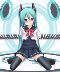 Rule 34 | 1girl, aqua eyes, aqua hair, arms behind back, bad id, bad pixiv id, bespectacled, colorized, eto, full body, glasses, hatsune miku, headset, kneeling, long hair, looking at viewer, project diva, project diva (series), project diva 2nd, school uniform, serafuku, smile, solo, thighhighs, twintails, very long hair, vocaloid, zettai ryouiki