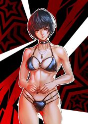 Rule 34 | 1girl, bikini, blue hair, breasts, choker, female focus, gluteal fold, highres, jewelry, looking at viewer, medium breasts, multi-strapped bikini bottom, nail polish, necklace, nemodecy, pendant, persona, persona 5, red eyes, short hair, solo, swimsuit, takemi tae, underboob