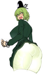 Rule 34 | 1girl, ass, breasts, clothes lift, cropped legs, fang, from behind, ghost tail, green eyes, green hair, hat, huge breasts, looking back, short hair, skirt, skirt lift, soga no tojiko, solo, spacezin, sweatdrop, tate eboshi, thighs, touhou, white background