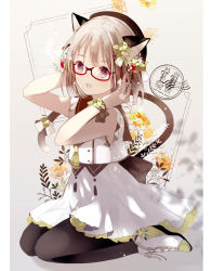 Rule 34 | 1girl, :d, animal ear fluff, animal ears, beret, black hat, black pantyhose, blush, boots, bow, brown eyes, brown hair, cat ears, cat girl, cat tail, commentary request, fang, fingernails, flower, food-themed hair ornament, glasses, hair between eyes, hair bow, hair ornament, hands up, hat, highres, looking at viewer, open mouth, orange flower, original, pantyhose, red-framed eyewear, shadow, shirt, sitting, skirt, sleeveless, sleeveless shirt, smile, solo, strawberry hair ornament, striped, striped bow, tail, tail bow, tail ornament, tail raised, wariza, white bow, white flower, white footwear, white shirt, white skirt, yuzuyomogi