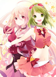 Rule 34 | 2girls, bad id, bad pixiv id, bare shoulders, bow, bowtie, collar, goggles, goggles on head, unworn goggles, green eyes, green hair, gumi, heart, ia (vocaloid), long hair, looking at viewer, midriff, multiple girls, navel, open mouth, pink eyes, pink hair, pink shirt, pink skirt, shirt, short hair, short sleeves, sidelocks, skirt, smile, star (symbol), t miyanagi, tank top, vocaloid