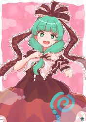 Rule 34 | 1girl, absurdres, border, bow, brown bow, brown dress, collared dress, commentary request, dress, frills, green eyes, green hair, hair bow, hands up, highres, kagiyama hina, looking at viewer, medium hair, open mouth, pink background, puffy short sleeves, puffy sleeves, red dress, short sleeves, smile, solo, standing, teeth, tongue, touhou, white border, zanasta0810