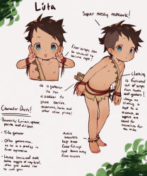 Rule 34 | 1boy, anklet, blue eyes, character name, character sheet, child, dark-skinned male, dark skin, double v, english text, highres, jewelry, leaning forward, loincloth, looking at viewer, male focus, navel, nemui (nemuriyagi), original, solo, tareme, topless male, tribal, undercut, v