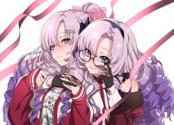 Rule 34 | 00 00mare, 2girls, adjusting eyewear, bare shoulders, black-framed eyewear, black gloves, blush, bow, claw ring, clothes writing, dress, drill hair, drill sidelocks, glasses, gloves, hair bow, hair ornament, hairband, hairclip, highres, hyakumantenbara salome, hyakumantenbara salome (1st costume), hyakumantenbara salome (casual), interlocked fingers, jacket, juliet sleeves, lips, long hair, long sleeves, looking at viewer, multiple girls, nijisanji, off-shoulder dress, off shoulder, official alternate costume, parted bangs, pink bow, ponytail, puffy sleeves, purple eyes, purple hairband, purple ribbon, red dress, red jacket, red sleeves, red track suit, ribbon, shirt, sidelocks, simple background, smile, sparkling eyes, track jacket, virtual youtuber, white background, white shirt