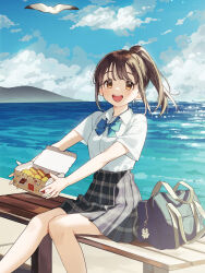 1girl :d bag bench blue_bow blue_sky booota bow bowtie box breasts brown_eyes brown_hair chicken_nuggets choppy_bangs cloud cloudy_sky collared_shirt commentary_request day feet_out_of_frame food grey_shirt highres holding holding_box holding_food horizon looking_at_viewer mcdonald&#039;s medium_breasts medium_hair ocean open_mouth outdoors plaid_clothes plaid_skirt pleated_skirt ponytail shirt short_sleeves sidelocks sitting skirt sky smile solo teeth upper_teeth_only water white_shirt wooden_bench