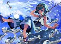 Rule 34 | 1girl, air bubble, baggy pants, blue eyes, blue hair, blue pants, blue sailor collar, blush, bright pupils, bubble, capri pants, coral reef, covered navel, creatures (company), diving, eroriru, feet, fishing rod, freediving, full body, game freak, gen 7 pokemon, hairband, lana (pokemon), looking at viewer, nintendo, ocean, one-piece swimsuit, pants, poke ball theme, pokemon, pokemon (creature), pokemon sm, popplio, sailor collar, sandals, short hair, sunlight, swimming, swimsuit, swimsuit under clothes, tansumi1, trial captain, underwater, water, wishiwashi, wishiwashi (school), wishiwashi (solo)