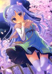 Rule 34 | 1girl, absurdres, cherry blossoms, clothes lift, dress, dress lift, fringe trim, full moon, handrail, hat, highres, moon, night, night sky, one side up, panties, pantyshot, poncho, purple eyes, purple hair, sky, solo, thighhighs, underwear, white panties, white thighhighs, yukie (peach candy)