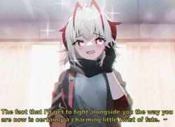 Rule 34 | 1990s (style), 1girl, ahoge, ai-assisted, antenna hair, arknights, black gloves, black jacket, black scarf, blurry, blurry background, blush, bokeh, breasts, curtains, depth of field, english text, gloves, grey shirt, hair between eyes, hand up, horns, jacket, lattekoi5252, looking at viewer, medium breasts, multicolored hair, open mouth, red eyes, red hair, red horns, retro artstyle, scarf, shirt, short hair, smile, solo, sparkle, upper body, w (arknights), white hair, window