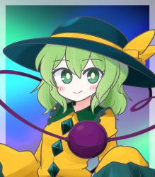 Rule 34 | 1girl, black hat, blouse, blush, bow, bright pupils, buttons, closed mouth, commentary request, diamond button, eyeball, frilled shirt collar, frilled sleeves, frills, green eyes, green hair, hair between eyes, hat, hat bow, hat ribbon, highres, koishi day, komeiji koishi, long sleeves, looking at viewer, medium hair, ribbon, shirt, smile, solo, third eye, touhou, unconsc130, upper body, wavy hair, wide sleeves, yellow bow, yellow ribbon, yellow shirt