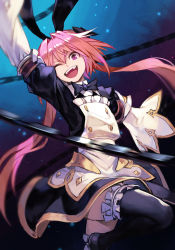 Rule 34 | 1boy, alternate legwear, astolfo (fate), astolfo (saber) (fate), astolfo (saber) (third ascension) (fate), black bow, black bowtie, black dress, black gloves, black ribbon, black thighhighs, blue background, blush, bow, bowtie, buttons, dress, fate/grand order, fate (series), frills, gloves, gradient background, hair between eyes, hair bow, hair intakes, hair ribbon, hungry clicker, juliet sleeves, layered skirt, long hair, long sleeves, looking at viewer, low twintails, male focus, multicolored hair, one eye closed, open mouth, pink hair, puffy sleeves, purple eyes, ribbon, skirt, smile, solo, streaked hair, thighhighs, thighs, trap, twintails, weapon, whip sword, white hair, white skirt, wide sleeves, wing collar