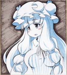 Rule 34 | 1girl, blueberry (5959), blush stickers, breasts, crescent, crescent moon, female focus, hair ribbon, hat, large breasts, long hair, monochrome, moon, patchouli knowledge, ribbon, solo, spot color, touhou