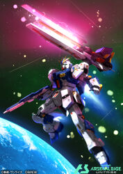 bandai battle beam_cannon beam_rifle char&#039;s_counterattack commentary_request energy energy_beam energy_cannon energy_gun glowing gundam gundam_arsenal_base machinery mecha mecha_focus mobile_suit no_humans nu_gundam nu_gundam_(rx-93ff) official_art robot science_fiction serike_w space thrusters v-fin weapon