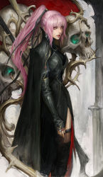 Rule 34 | 1girl, alternate costume, black cape, black dress, black nails, breasts, cape, cross, cross earrings, dress, earrings, highres, hololive, hololive english, jewelry, long hair, looking at viewer, medium breasts, mori calliope, nail polish, parted lips, pink hair, plant, ponytail, realistic, red eyes, ring, solo, thedurianart, thighhighs, vines, virtual youtuber