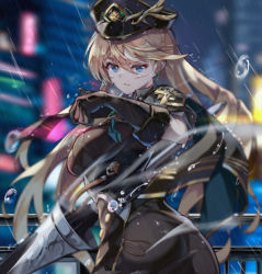 Rule 34 | 1girl, bianka durandal ataegina, bianka durandal ataegina (valkyrie gloria), black hat, black jacket, blonde hair, blood, blood on face, blue eyes, blurry, blurry background, city lights, earrings, hat, holding, holding polearm, holding weapon, honkai (series), honkai impact 3rd, jacket, jewelry, long hair, looking at viewer, military, military hat, military jacket, military uniform, open mouth, outdoors, polearm, rain, scratches, short sleeves, solo, spear, teeth, uniform, wavy hair, weapon, zomzomzomsauce