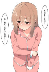 Rule 34 | 1girl, brown eyes, brown hair, closed mouth, commentary request, long sleeves, looking to the side, original, pajamas, pink pajamas, short hair, simple background, speech bubble, terazip, translation request, white background
