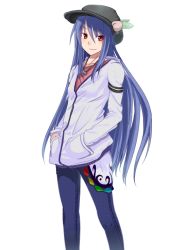 Rule 34 | 1girl, adapted costume, blue hair, contemporary, denim, female focus, food, fruit, hands in pockets, hat, hinanawi tenshi, jacket, jeans, light smile, long hair, pants, peach, red eyes, simple background, solo, tama (tama-s), touhou, white background