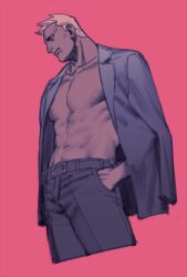 Rule 34 | 1boy, abs, bara, bare pectorals, character request, copyright request, cropped legs, dark-skinned male, dark skin, from below, frown, jacket, jacket on shoulders, large pectorals, male focus, muscular, muscular male, navel, pectorals, pink background, short hair, solo, suit jacket, zoo (oukakumaku)