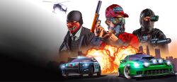 Rule 34 | 3boys, aircraft, baseball cap, black gloves, black jacket, black mask, car, cityscape, explosion, gas mask, gloves, goggles, grand theft auto, grand theft auto v, gun, hat, helicopter, highres, holding, holding gun, holding weapon, jacket, mask, motor vehicle, multiple boys, official art, oni mask, police car, red headwear, red jacket, searchlight, upper body, weapon, weapon request