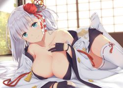 Rule 34 | 1girl, azur lane, bare shoulders, blue eyes, breasts, cleavage, flower, full body, gloves, hair flower, hair ornament, indoors, japanese clothes, kimono, kirisawa shinji, large breasts, long hair, looking at viewer, lying, on stomach, partially fingerless gloves, purple gloves, red flower, shoukaku (azur lane), smile, solo, thighhighs, very long hair, white hair, white kimono, white thighhighs, wide sleeves