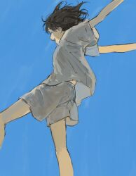 Rule 34 | 1girl, black hair, blue background, blue sky, closed eyes, commentary request, day, feet out of frame, highres, kgeroua, long hair, midair, open mouth, original, outdoors, outstretched arms, shirt, short sleeves, shorts, sky, smile, solo, white shirt, white shorts