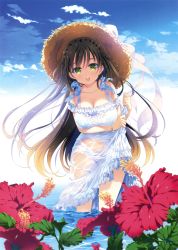 Rule 34 | 1girl, :d, absurdres, black hair, blue sky, bra, braid, breasts, cleavage, clothes lift, crown braid, day, dress, dress lift, flower, green eyes, hat, highres, large breasts, long hair, looking at viewer, mizuno sao, open mouth, original, outdoors, panties, scan, see-through, sky, smile, solo, standing, straw hat, sun hat, sundress, underwear, very long hair, wading, wet, wet clothes, wet dress, white dress