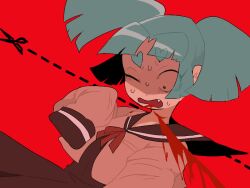 Rule 34 | 1girl, blood, blue hair, blunt bangs, blunt ends, commentary, cut-here line, dilated pupils, dress, english commentary, fang, game cg, heart-shaped eyebrows, liar liar (tokimekiwaku), looking down, minamida yukari, one eye closed, open mouth, parted bangs, red background, school uniform, scissors, serafuku, short hair, sleeves past fingers, sleeves past wrists, slit throat, solo, spitting, spitting blood, sweat, thick eyebrows, tokimekiwaku, twintails, upper body, wavy mouth, wide-eyed, wince