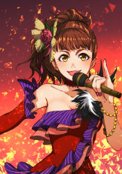 Rule 34 | 1girl, :d, bad anatomy, bare shoulders, beads, breasts, brown eyes, brown hair, cleavage, curly hair, detached sleeves, dress, ear piercing, artistic error, eyebrows, flower, hair flower, hair ornament, holding, holding microphone, idolmaster, idolmaster cinderella girls, kaoru348, long hair, looking at viewer, medium breasts, microphone, nail polish, ohnishi yuriko, open mouth, piercing, pink nails, pinky out, red background, red dress, simple background, smile, solo, standing